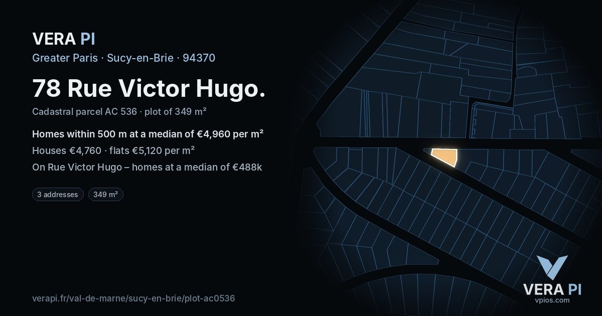 78 Rue Victor Hugo, Sucy-en-Brie at night – the plot lit, the parcels around coloured by the prices near them