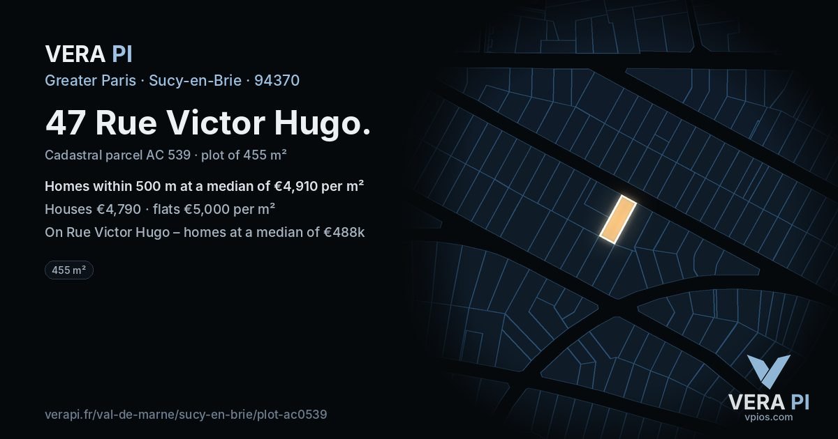 47 Rue Victor Hugo, Sucy-en-Brie at night – the plot lit, the parcels around coloured by the prices near them