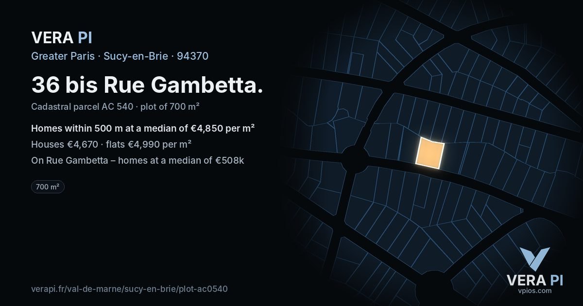 36 bis Rue Gambetta, Sucy-en-Brie at night – the plot lit, the parcels around coloured by the prices near them