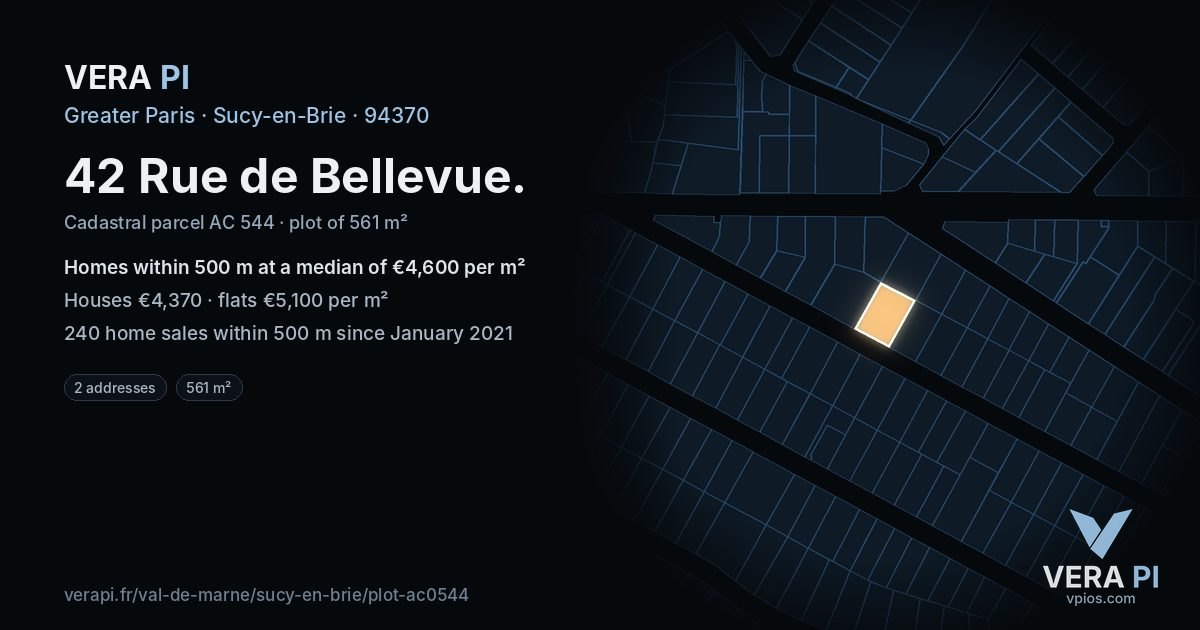 42 Rue de Bellevue, Sucy-en-Brie at night – the plot lit, the parcels around coloured by the prices near them
