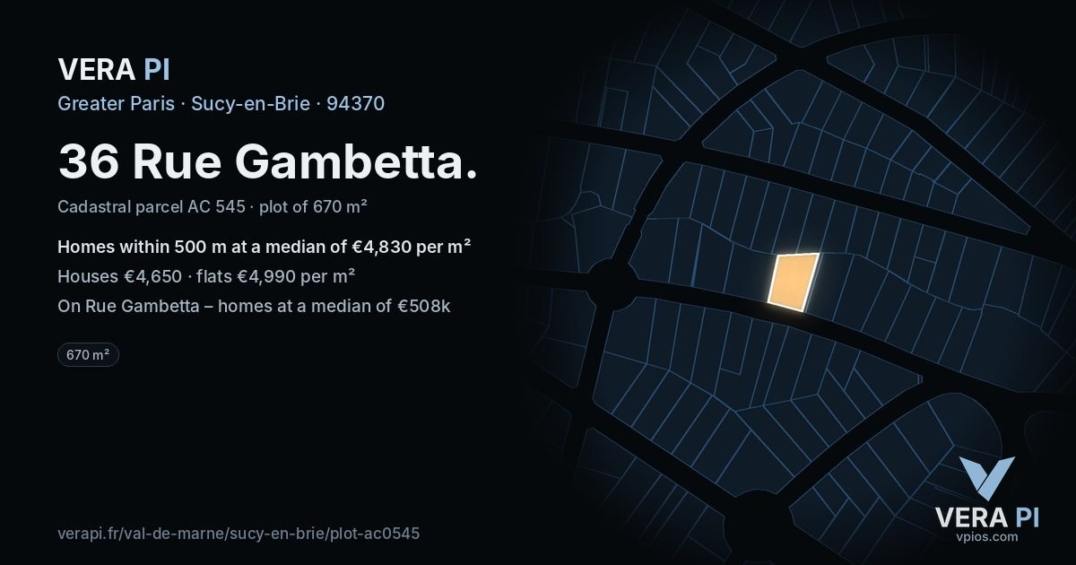 36 Rue Gambetta, Sucy-en-Brie at night – the plot lit, the parcels around coloured by the prices near them