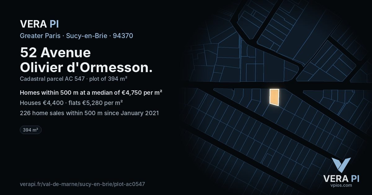 52 Avenue Olivier d'Ormesson, Sucy-en-Brie at night – the plot lit, the parcels around coloured by the prices near them