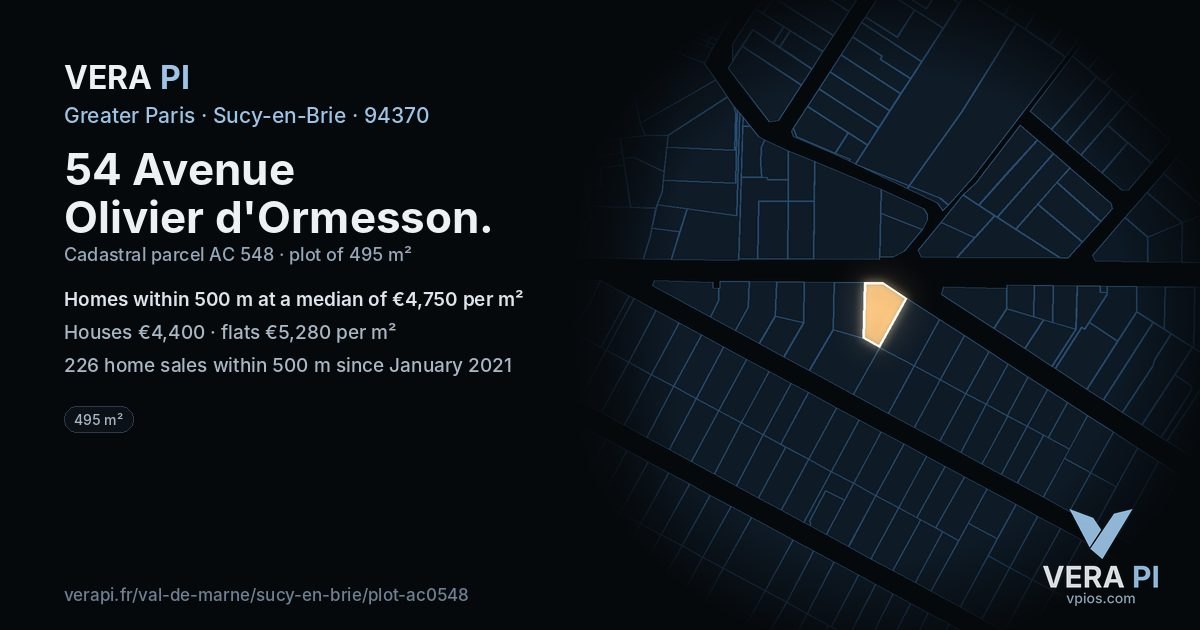 54 Avenue Olivier d'Ormesson, Sucy-en-Brie at night – the plot lit, the parcels around coloured by the prices near them