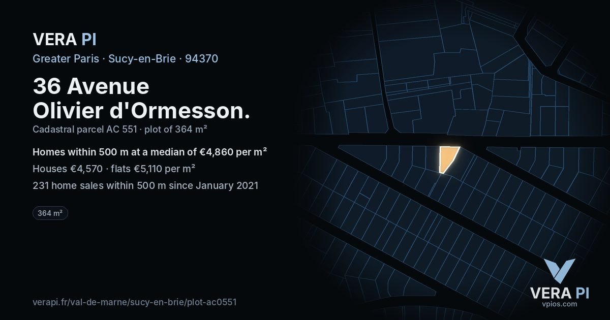 36 Avenue Olivier d'Ormesson, Sucy-en-Brie at night – the plot lit, the parcels around coloured by the prices near them