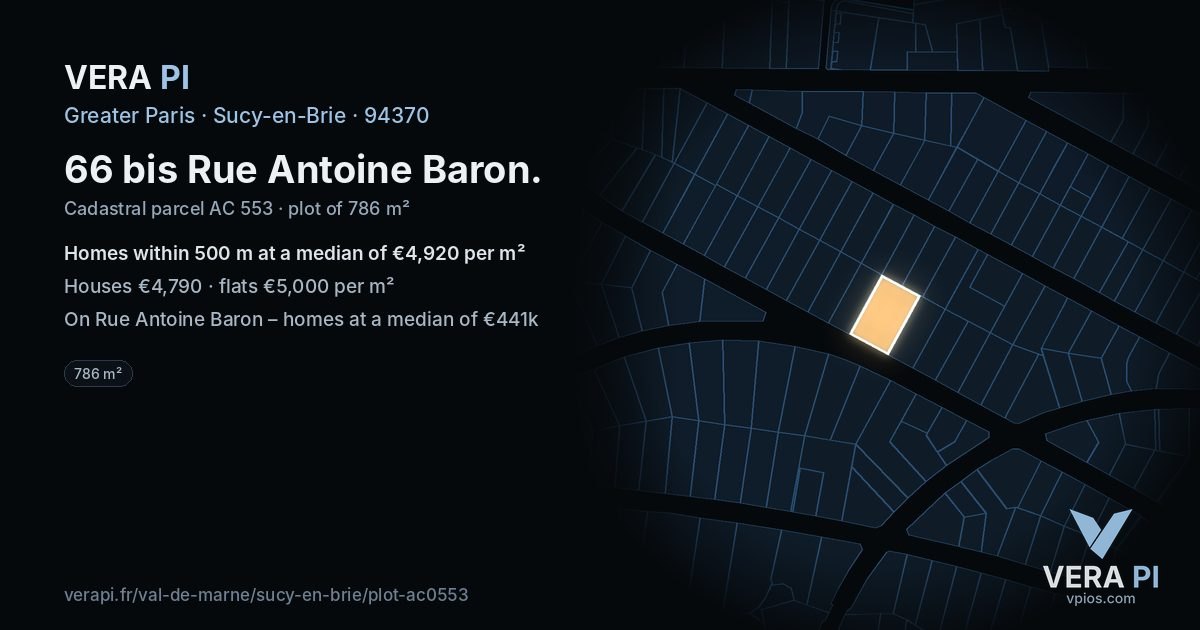 66 bis Rue Antoine Baron, Sucy-en-Brie at night – the plot lit, the parcels around coloured by the prices near them