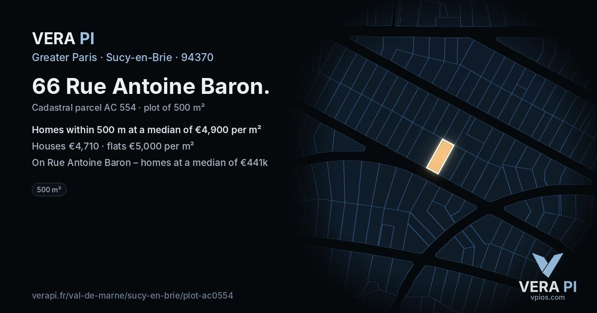 66 Rue Antoine Baron, Sucy-en-Brie at night – the plot lit, the parcels around coloured by the prices near them
