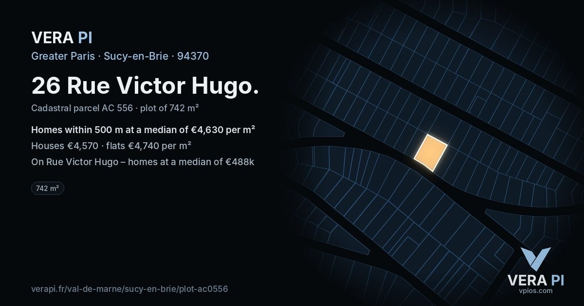 26 Rue Victor Hugo, Sucy-en-Brie at night – the plot lit, the parcels around coloured by the prices near them