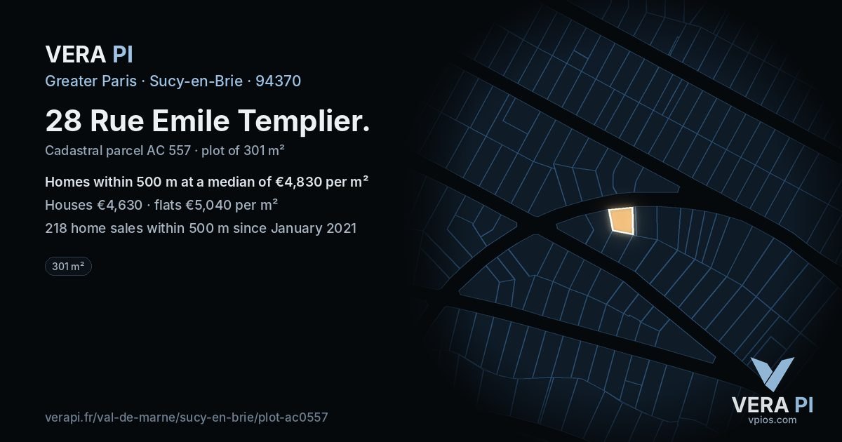 28 Rue Emile Templier, Sucy-en-Brie at night – the plot lit, the parcels around coloured by the prices near them