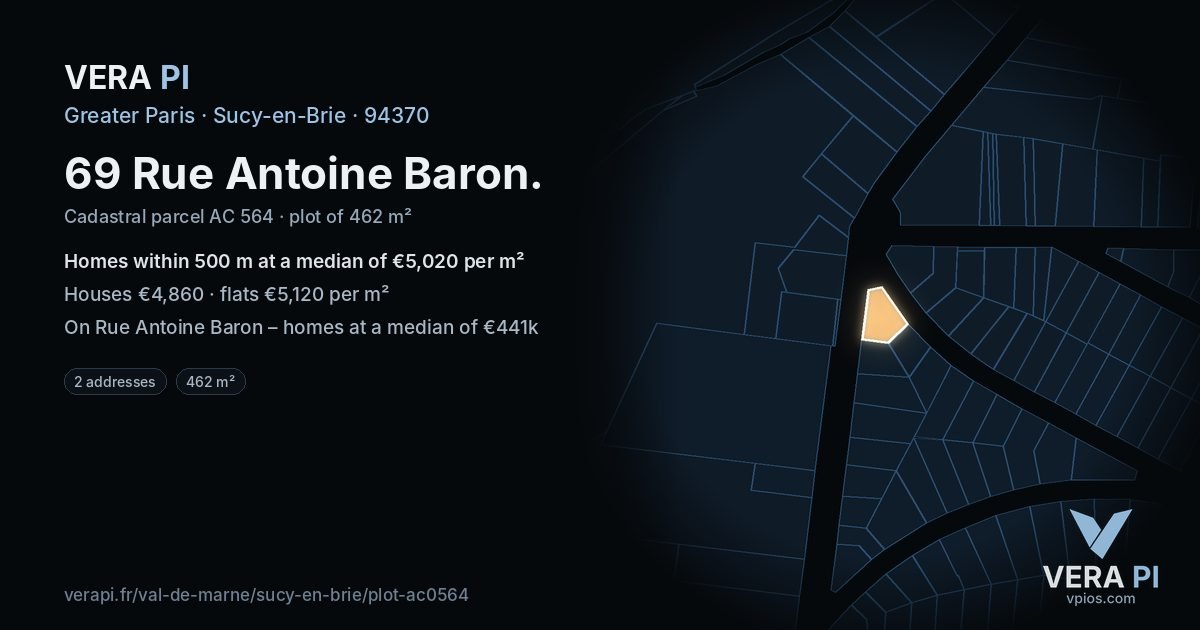 69 Rue Antoine Baron, Sucy-en-Brie at night – the plot lit, the parcels around coloured by the prices near them
