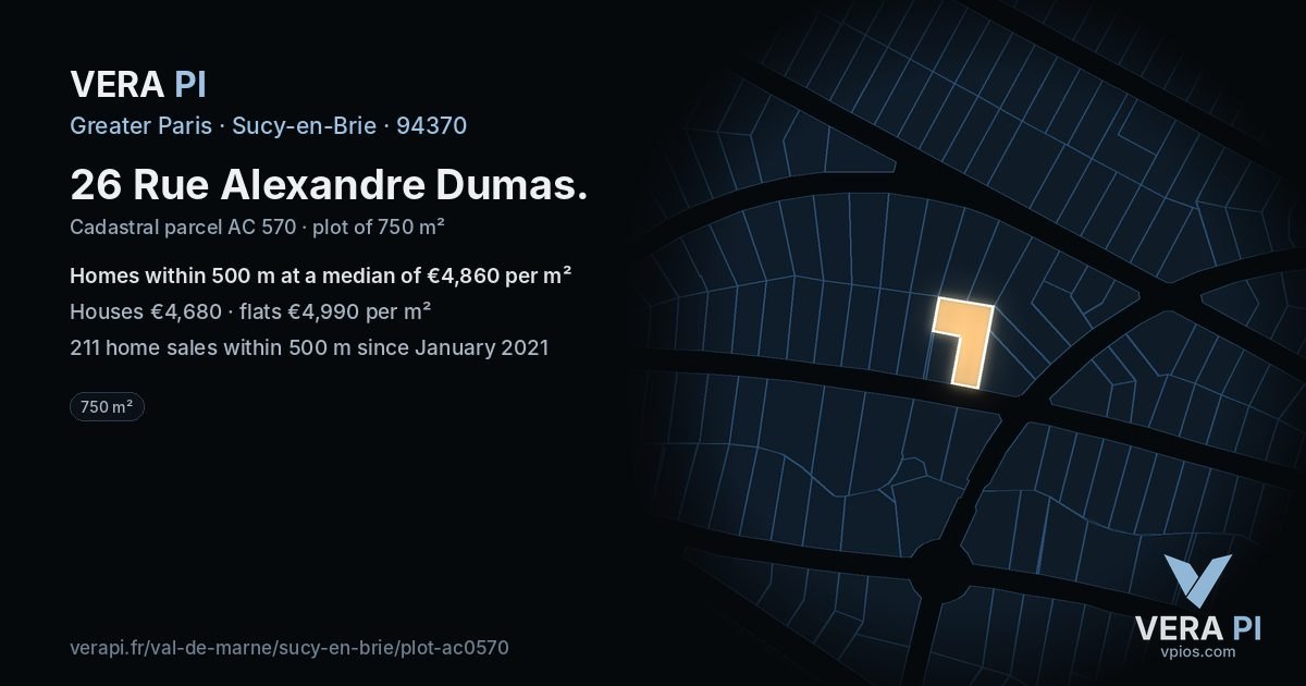 26 Rue Alexandre Dumas, Sucy-en-Brie at night – the plot lit, the parcels around coloured by the prices near them