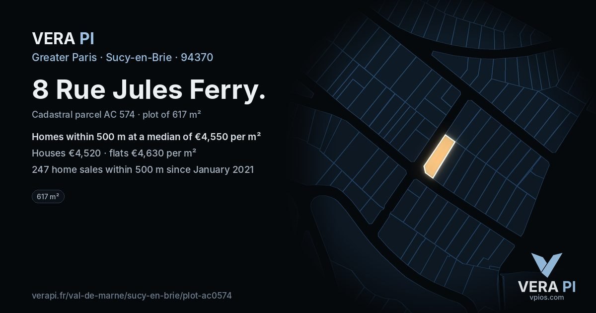 8 Rue Jules Ferry, Sucy-en-Brie at night – the plot lit, the parcels around coloured by the prices near them