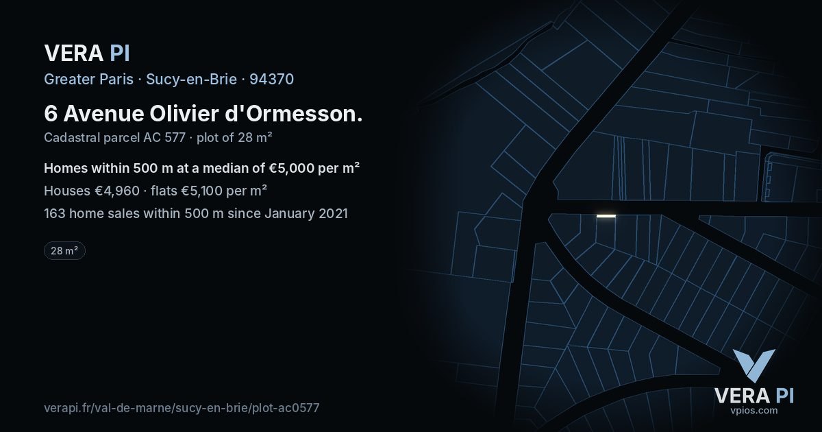 6 Avenue Olivier d'Ormesson, Sucy-en-Brie at night – the plot lit, the parcels around coloured by the prices near them