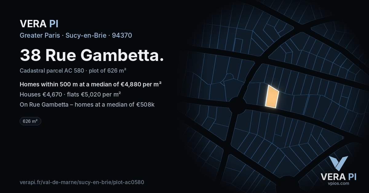 38 Rue Gambetta, Sucy-en-Brie at night – the plot lit, the parcels around coloured by the prices near them