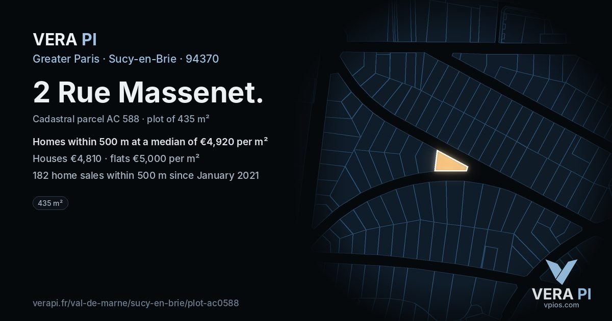 2 Rue Massenet, Sucy-en-Brie at night – the plot lit, the parcels around coloured by the prices near them