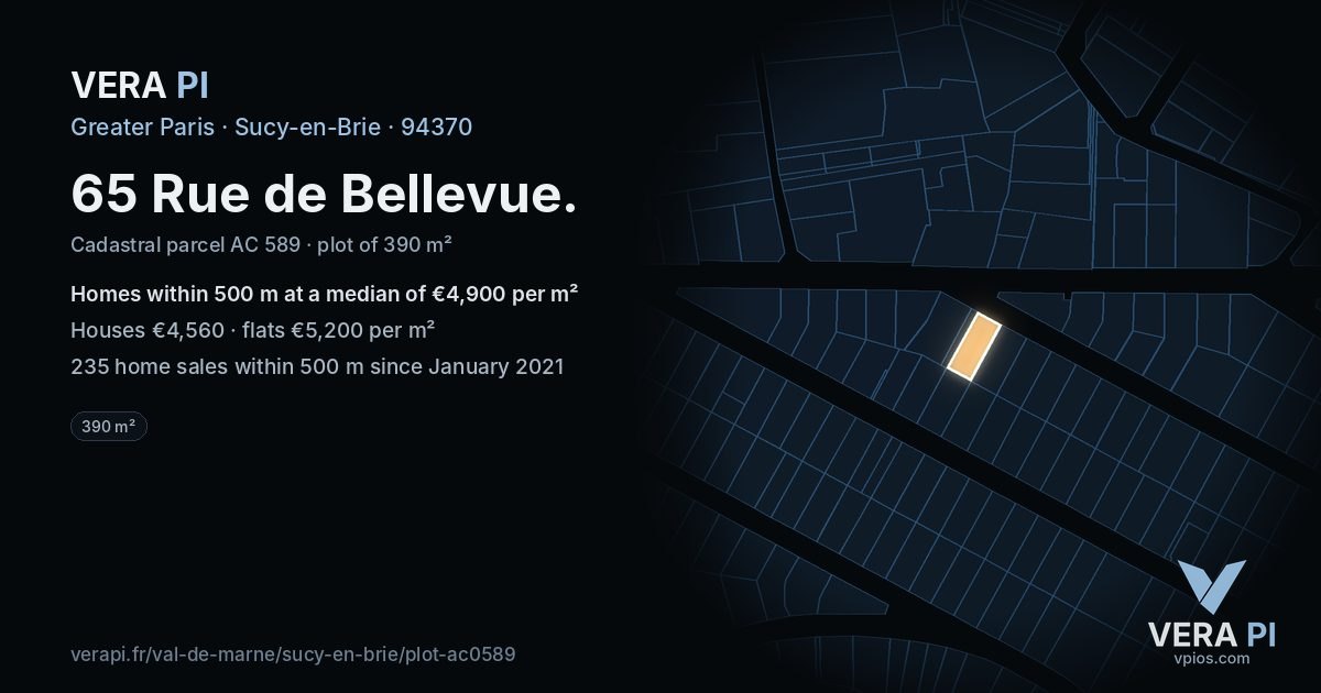 65 Rue de Bellevue, Sucy-en-Brie at night – the plot lit, the parcels around coloured by the prices near them