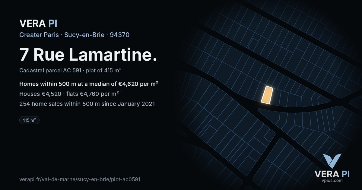 7 Rue Lamartine, Sucy-en-Brie at night – the plot lit, the parcels around coloured by the prices near them