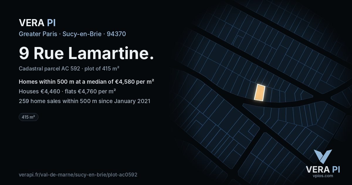 9 Rue Lamartine, Sucy-en-Brie at night – the plot lit, the parcels around coloured by the prices near them