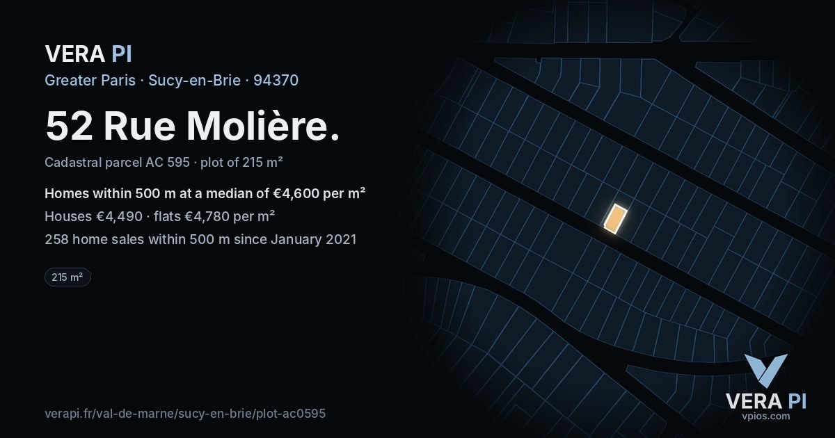 52 Rue Molière, Sucy-en-Brie at night – the plot lit, the parcels around coloured by the prices near them