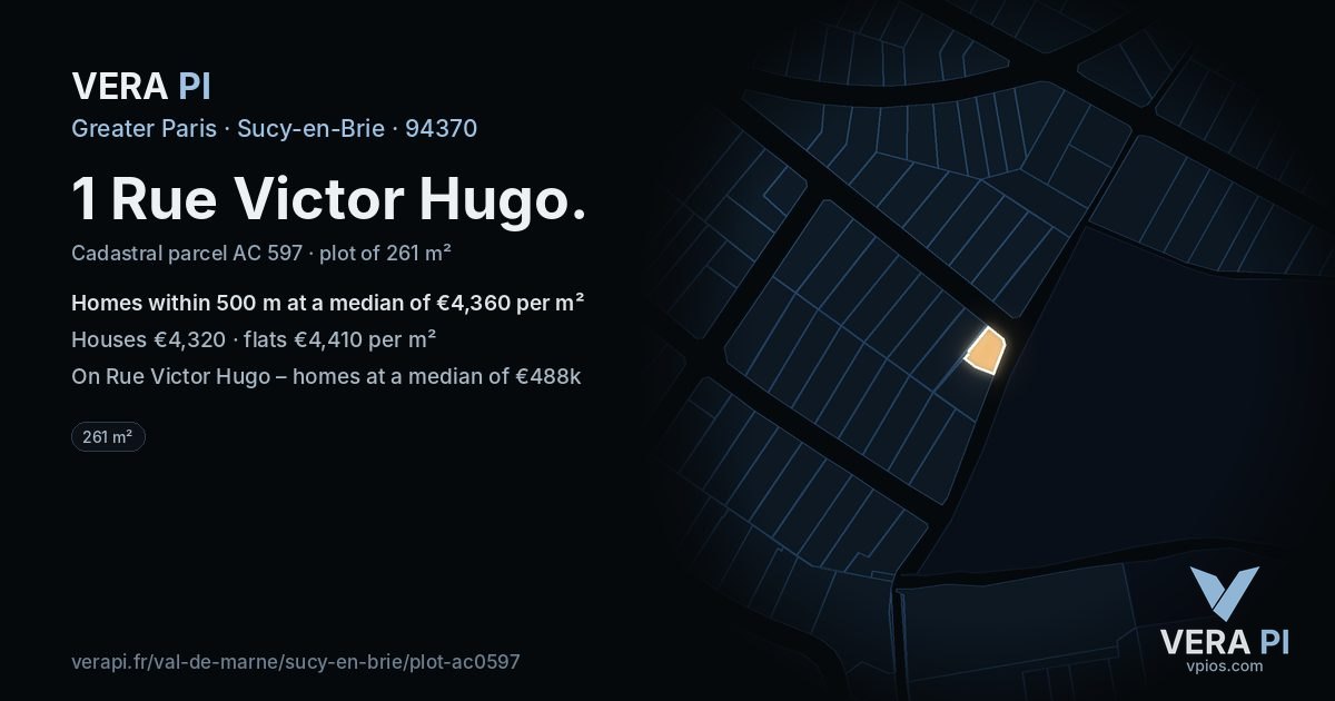 1 Rue Victor Hugo, Sucy-en-Brie at night – the plot lit, the parcels around coloured by the prices near them