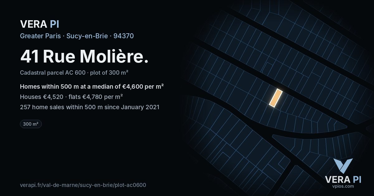 41 Rue Molière, Sucy-en-Brie at night – the plot lit, the parcels around coloured by the prices near them
