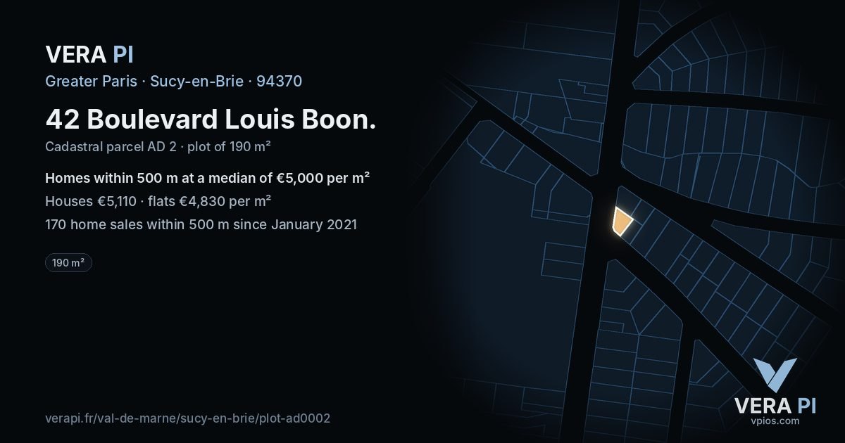 42 Boulevard Louis Boon, Sucy-en-Brie at night – the plot lit, the parcels around coloured by the prices near them