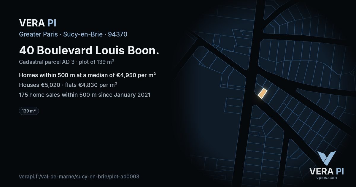 40 Boulevard Louis Boon, Sucy-en-Brie at night – the plot lit, the parcels around coloured by the prices near them
