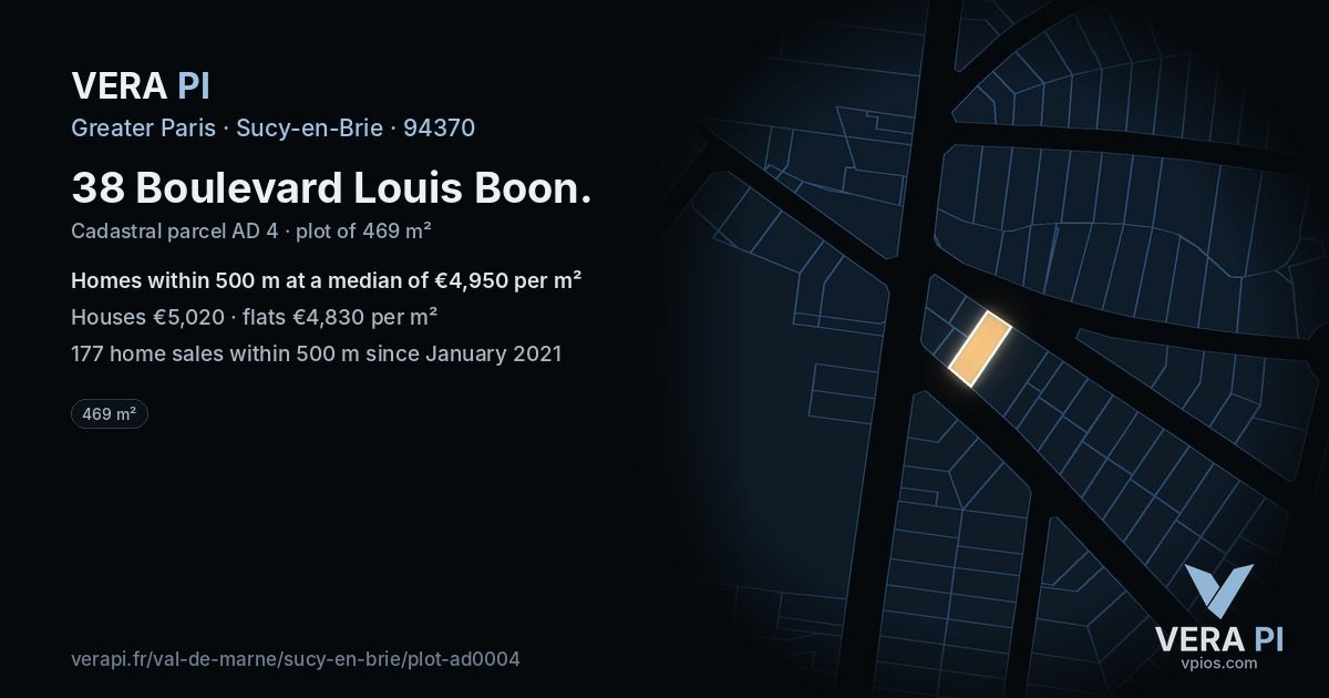 38 Boulevard Louis Boon, Sucy-en-Brie at night – the plot lit, the parcels around coloured by the prices near them