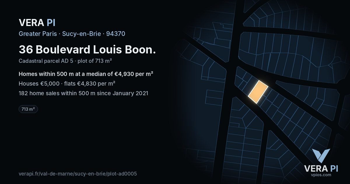 36 Boulevard Louis Boon, Sucy-en-Brie at night – the plot lit, the parcels around coloured by the prices near them