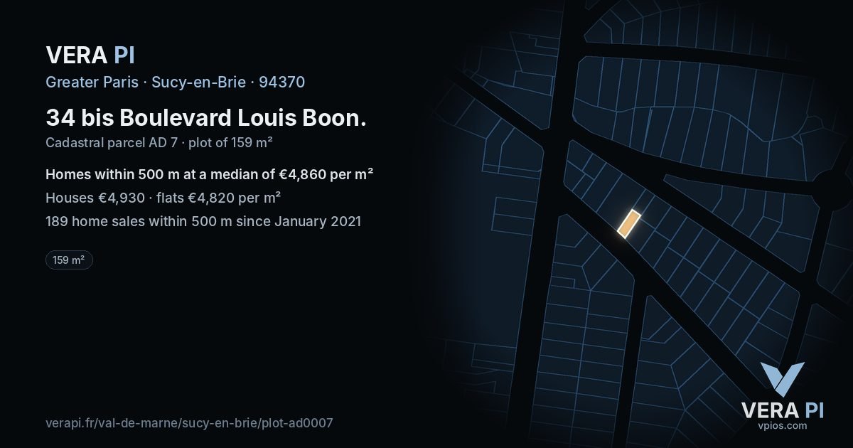 34 bis Boulevard Louis Boon, Sucy-en-Brie at night – the plot lit, the parcels around coloured by the prices near them