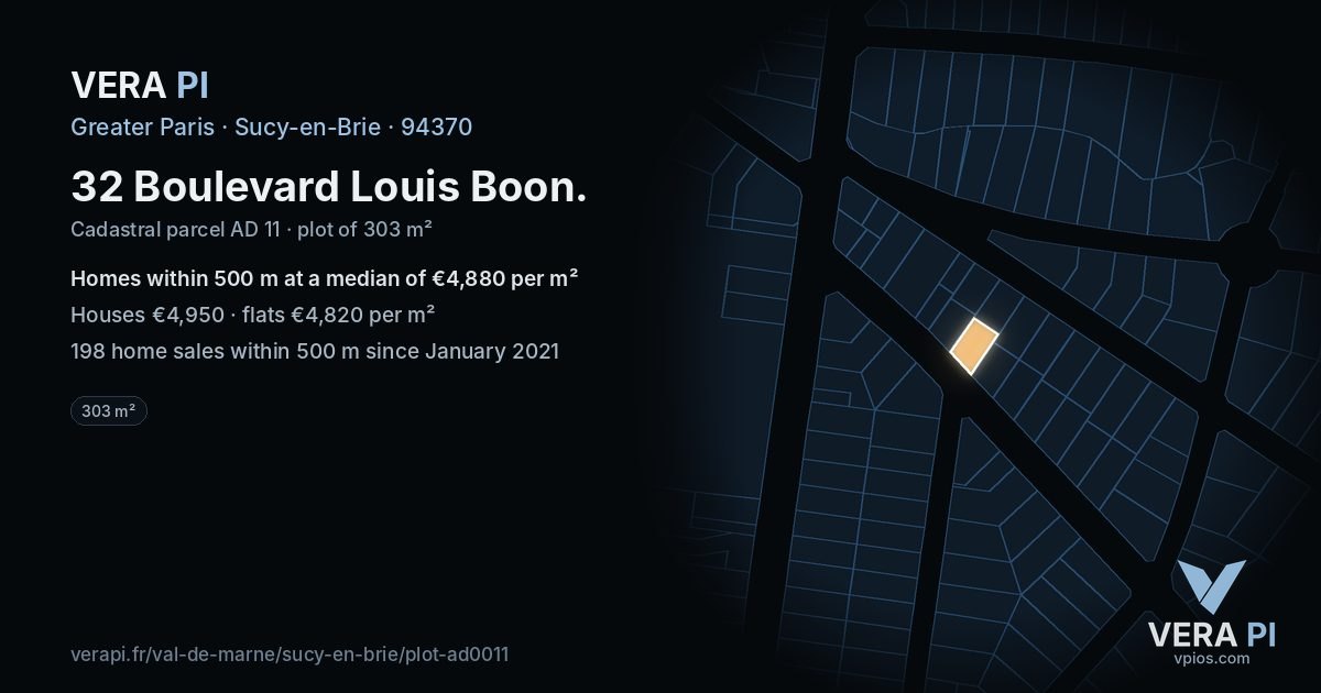 32 Boulevard Louis Boon, Sucy-en-Brie at night – the plot lit, the parcels around coloured by the prices near them