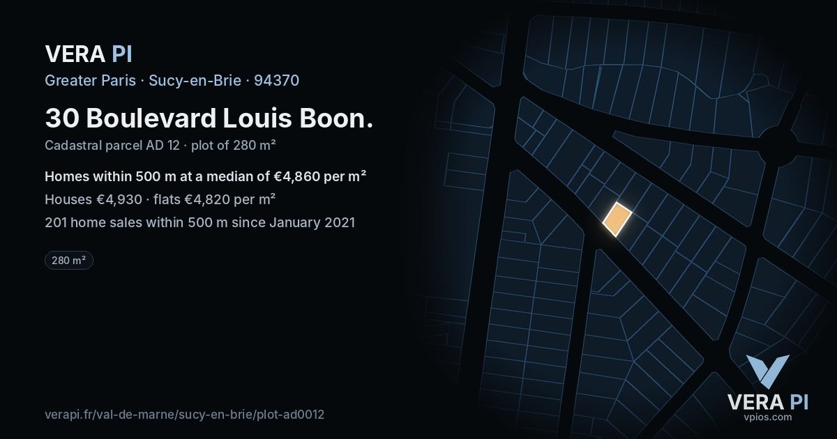 30 Boulevard Louis Boon, Sucy-en-Brie at night – the plot lit, the parcels around coloured by the prices near them