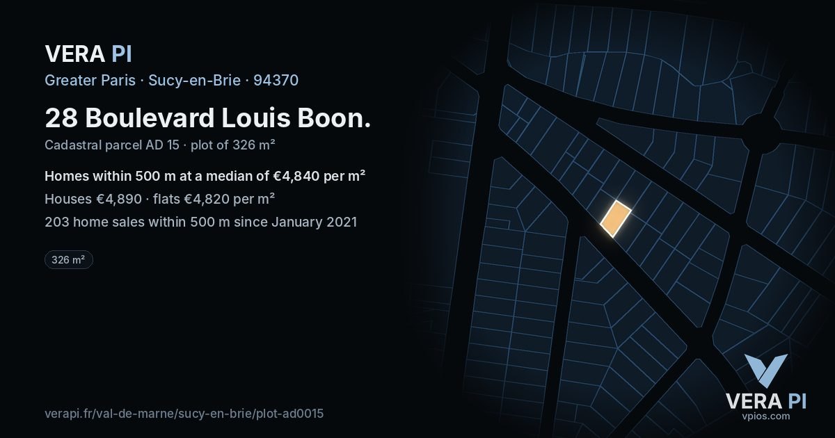 28 Boulevard Louis Boon, Sucy-en-Brie at night – the plot lit, the parcels around coloured by the prices near them