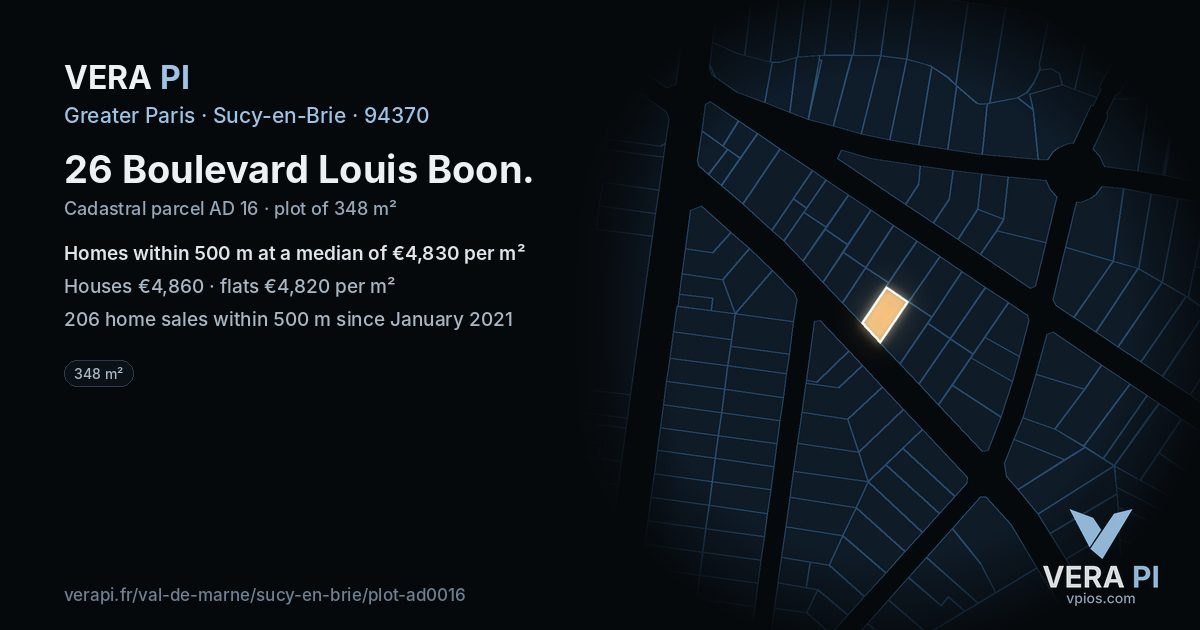 26 Boulevard Louis Boon, Sucy-en-Brie at night – the plot lit, the parcels around coloured by the prices near them