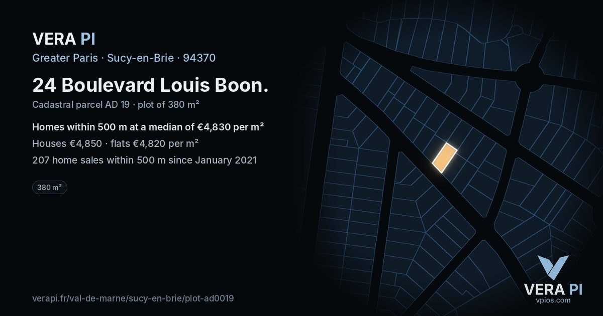 24 Boulevard Louis Boon, Sucy-en-Brie at night – the plot lit, the parcels around coloured by the prices near them