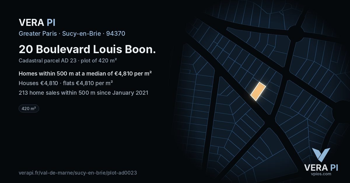 20 Boulevard Louis Boon, Sucy-en-Brie at night – the plot lit, the parcels around coloured by the prices near them