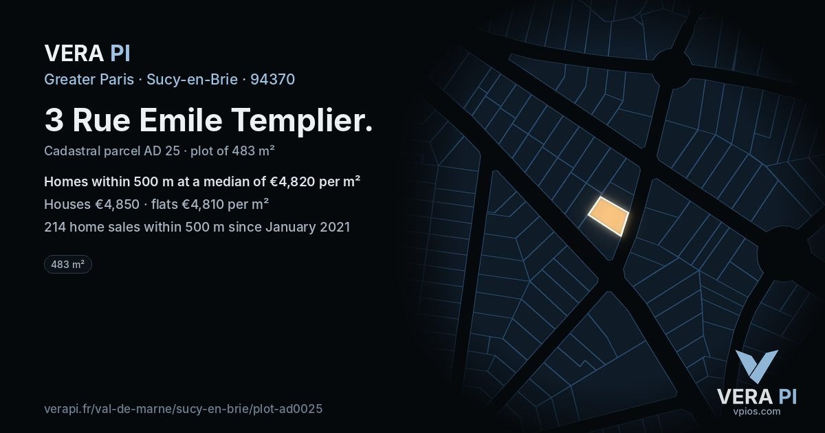 3 Rue Emile Templier, Sucy-en-Brie at night – the plot lit, the parcels around coloured by the prices near them