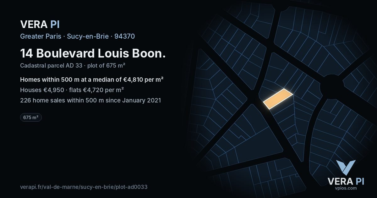 14 Boulevard Louis Boon, Sucy-en-Brie at night – the plot lit, the parcels around coloured by the prices near them
