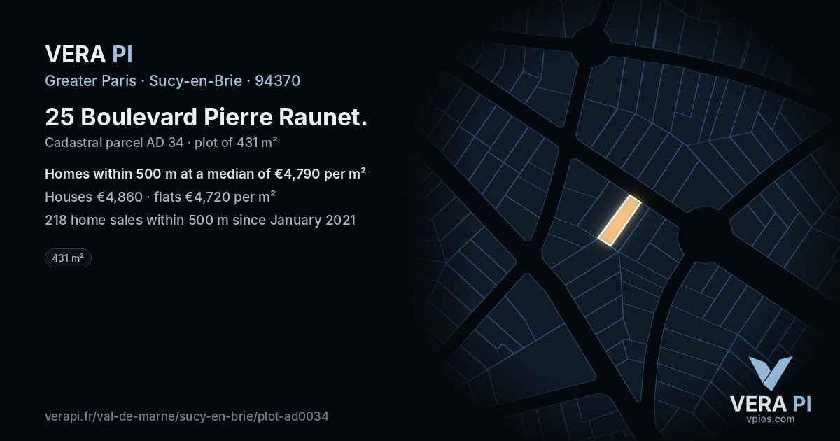 25 Boulevard Pierre Raunet, Sucy-en-Brie at night – the plot lit, the parcels around coloured by the prices near them