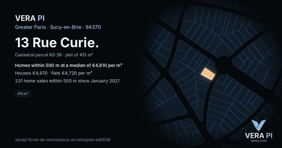 13 Rue Curie, Sucy-en-Brie at night – the plot lit, the parcels around coloured by the prices near them