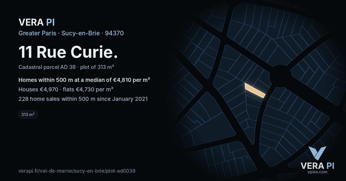11 Rue Curie, Sucy-en-Brie at night – the plot lit, the parcels around coloured by the prices near them