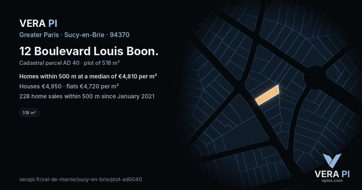 12 Boulevard Louis Boon, Sucy-en-Brie at night – the plot lit, the parcels around coloured by the prices near them