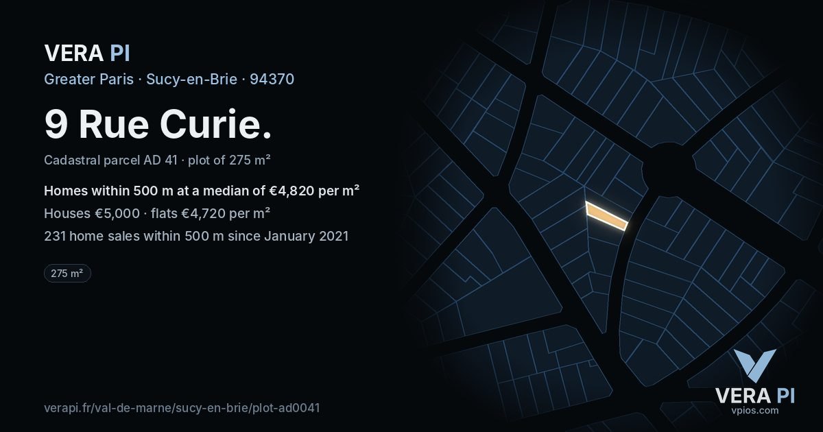 9 Rue Curie, Sucy-en-Brie at night – the plot lit, the parcels around coloured by the prices near them