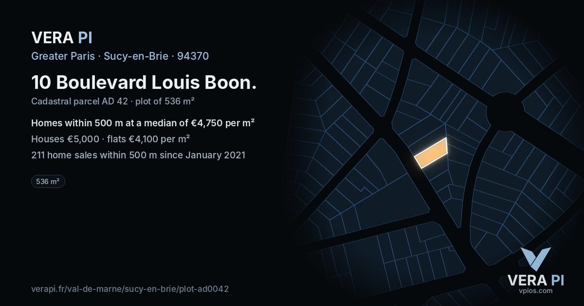 10 Boulevard Louis Boon, Sucy-en-Brie at night – the plot lit, the parcels around coloured by the prices near them