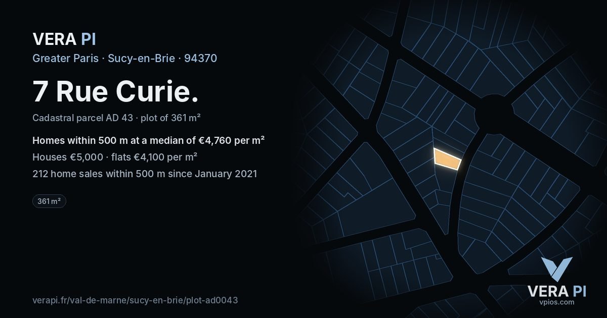 7 Rue Curie, Sucy-en-Brie at night – the plot lit, the parcels around coloured by the prices near them