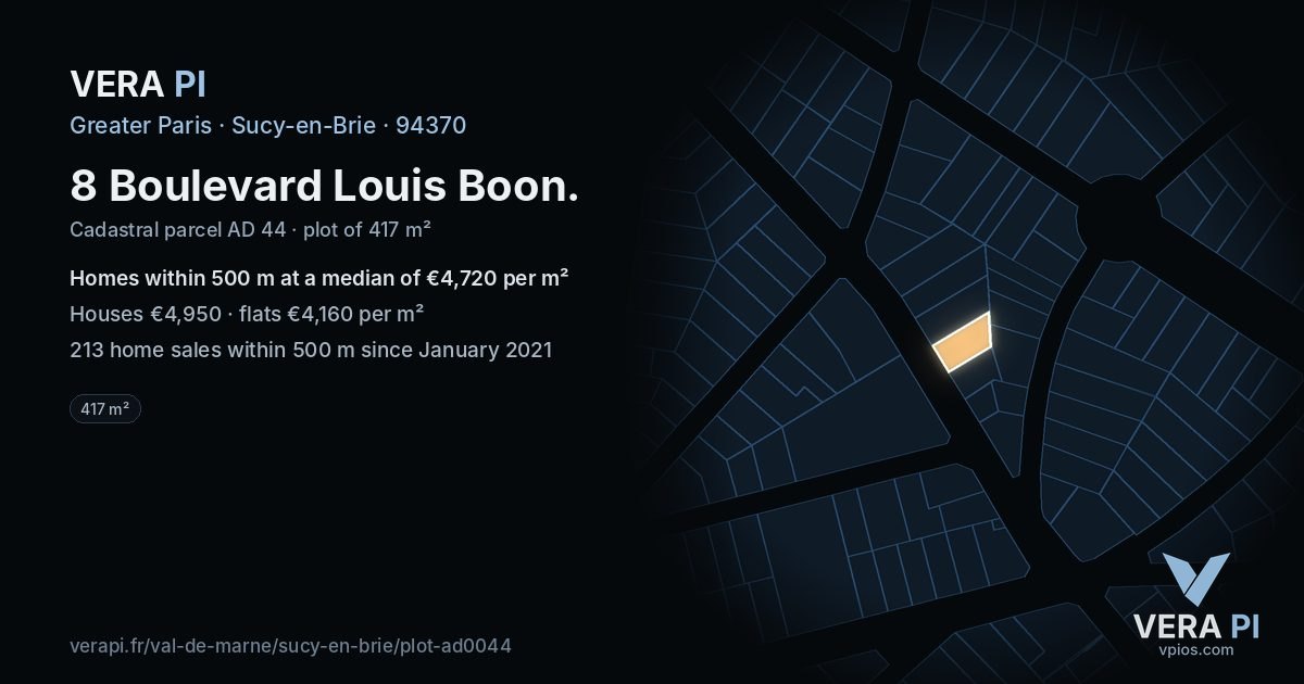 8 Boulevard Louis Boon, Sucy-en-Brie at night – the plot lit, the parcels around coloured by the prices near them