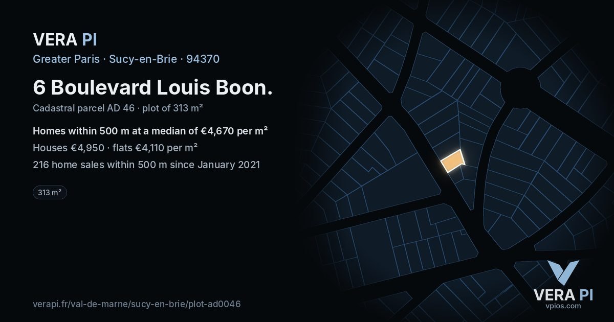 6 Boulevard Louis Boon, Sucy-en-Brie at night – the plot lit, the parcels around coloured by the prices near them