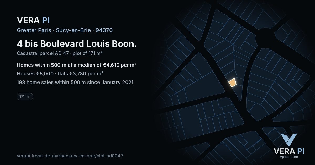 4 bis Boulevard Louis Boon, Sucy-en-Brie at night – the plot lit, the parcels around coloured by the prices near them