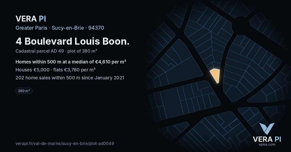 4 Boulevard Louis Boon, Sucy-en-Brie at night – the plot lit, the parcels around coloured by the prices near them