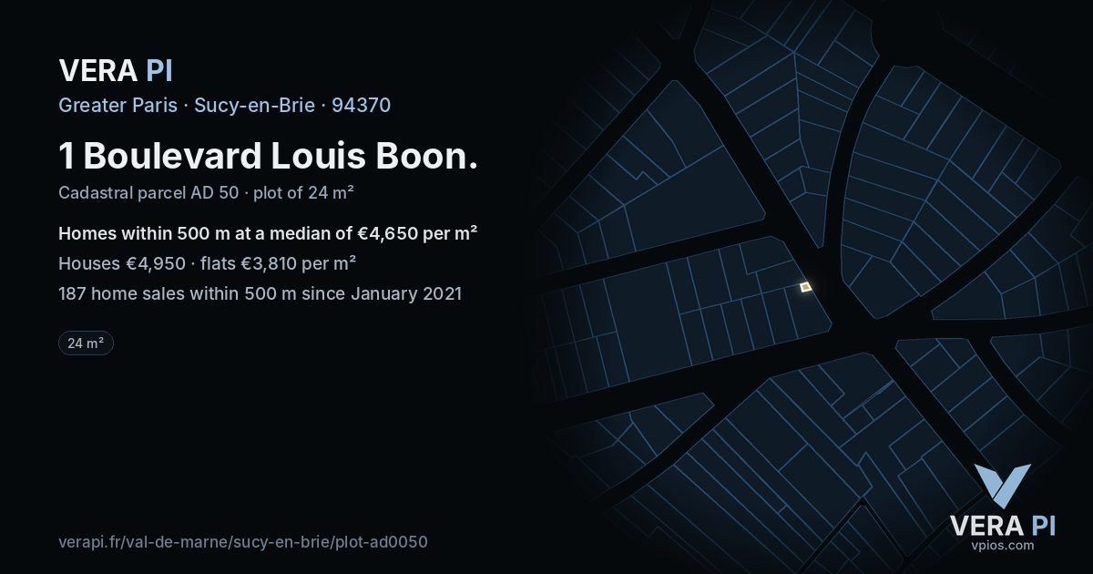 1 Boulevard Louis Boon, Sucy-en-Brie at night – the plot lit, the parcels around coloured by the prices near them