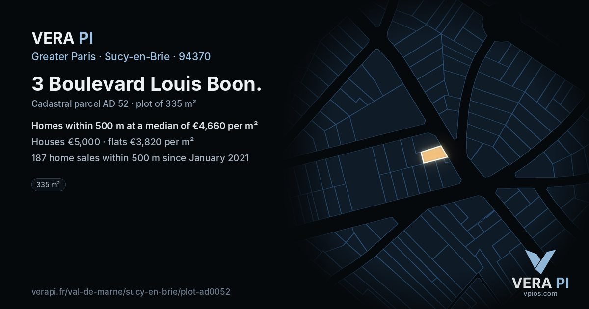 3 Boulevard Louis Boon, Sucy-en-Brie at night – the plot lit, the parcels around coloured by the prices near them